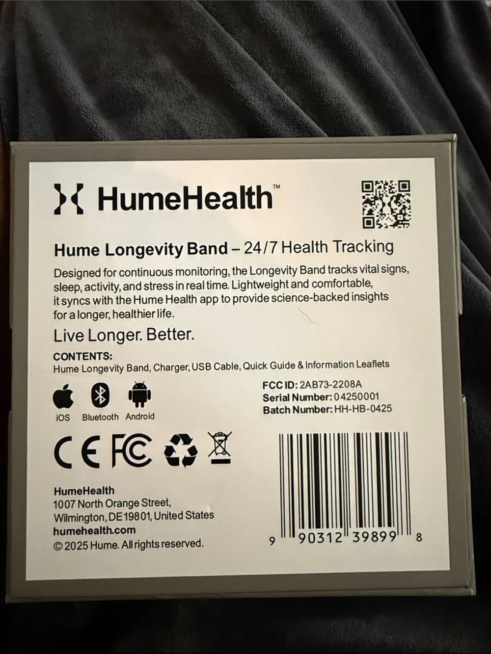 Hume Longevity Band 24/7 Health Tracking Band Black Wearable Arm Band